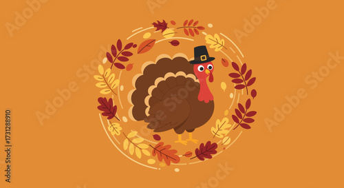 Cartoon turkey wears a pilgrim hat amidst autumn leaves on an orange background