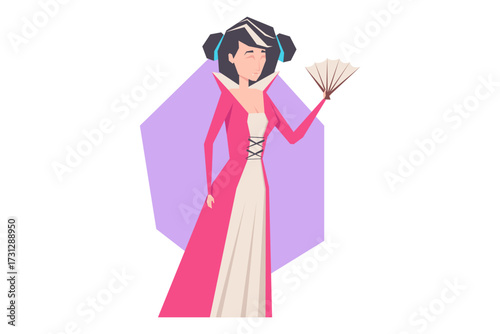 Woman dressed in striking pink gown holding fan. Festive gathering or celebration concept