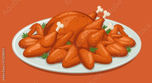 Cartoonish roasted turkey with wings on a white plate against an orange background