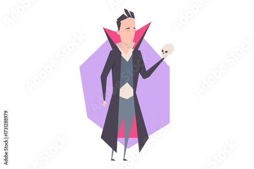Vampire character standing confidently, wearing long dark coat with high collar. He holding skull in one hand, creating spooky Halloween atmosphere perfect for festive celebrations