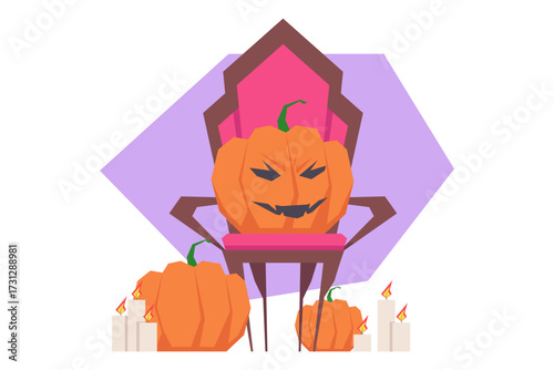 Colorful Halloween scene with large carved pumpkin resting on chair. Three smaller pumpkins surrounding it and candles providing spooky atmosphere