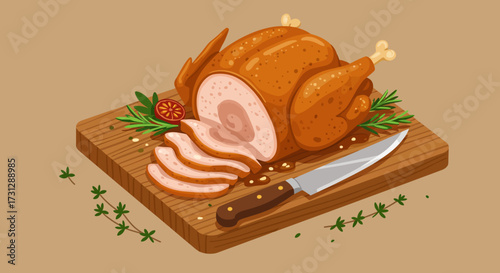 Carved roasted turkey on a wooden board with herbs and a knife