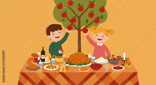 Children picking apples near a Thanksgiving feast laden table