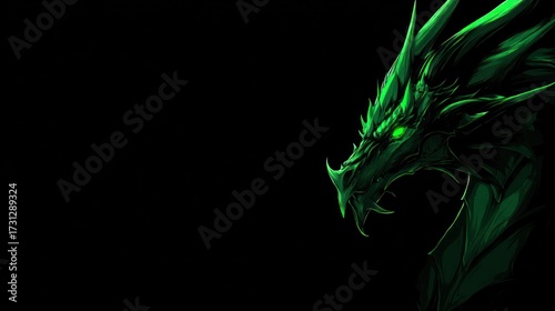 Green dragon head with glowing eyes against a black background