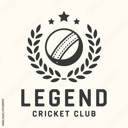 Art of cricket club emblem featuring a cricket ball surrounded by a laurel wreath and stars, with the text legend cricket club below, representing sportsmanship and achievement in the game of cricket