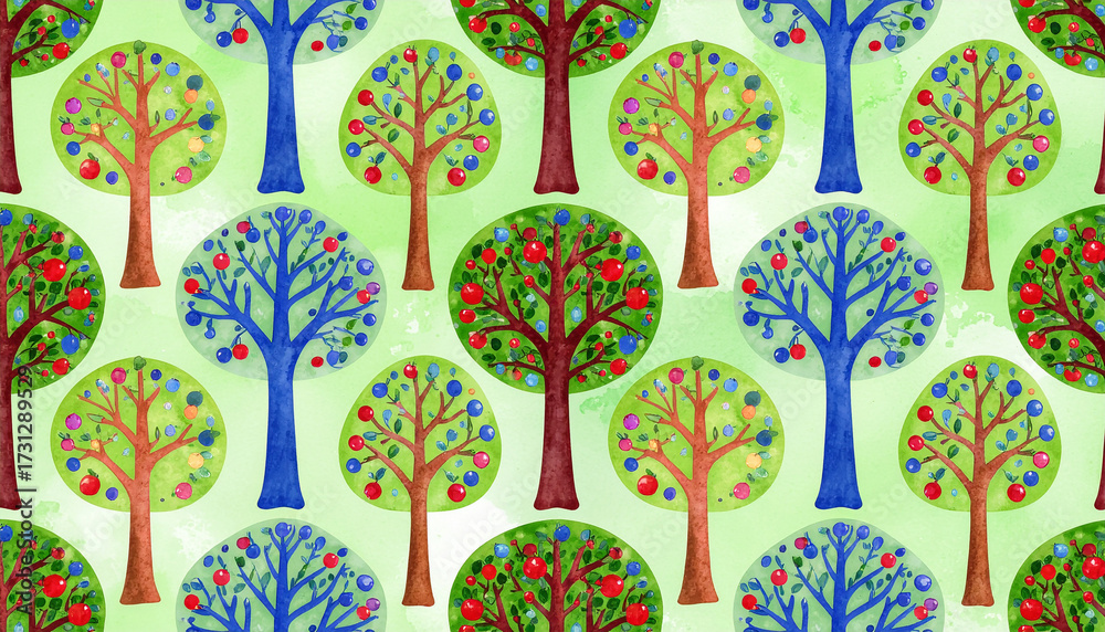 A seamless cartoon vector pattern of stylized tree icons in different shapes and colors, playful flat decorative background. A seamless cartoon vector pattern of stylized tree icons in different shapes and colors, playful flat decorative background.