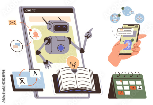 AI robot highlights language translation, book learning, and smart scheduling via smartphone integration. Ideal for education, AI innovation, productivity, communication, automation, planning