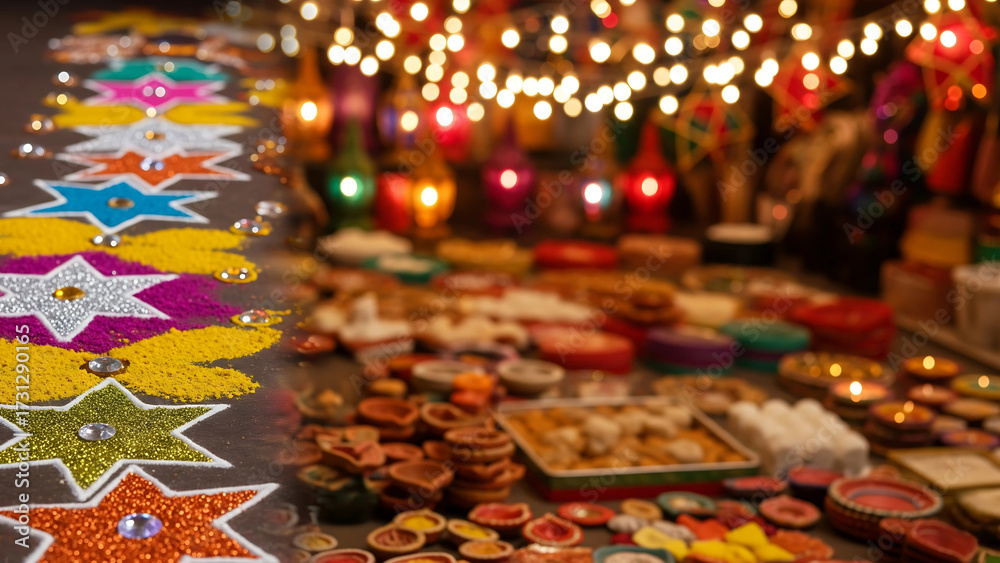 Fototapeta premium Diwali Market Table with Diyas and Decorations