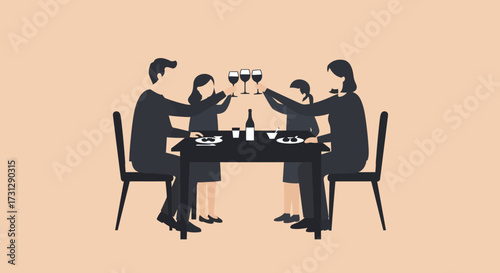 Four silhouettes at a table toast with wine bottles present