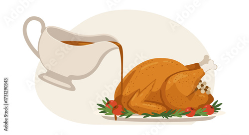 Gravy is poured on a roasted turkey decorated with greenery and red berries placed on a plate