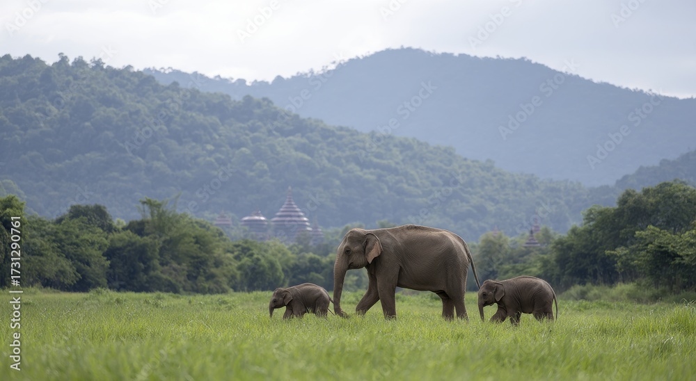 Fototapeta premium Elephant family walking in green field with distant mountains
