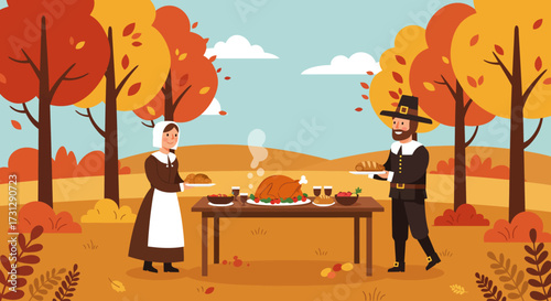 Pilgrims bearing food at a Thanksgiving table amidst autumn foliage