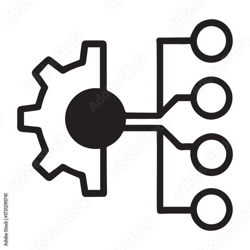 Technology infrastructure illustration with cogwheel symbol and network connection showing data management and engineering automation