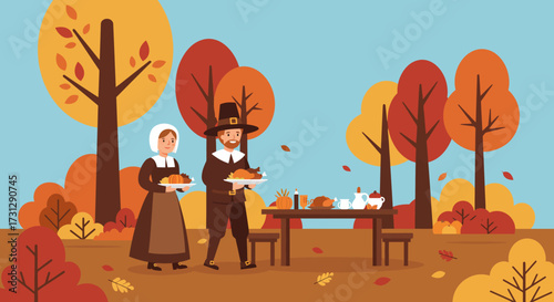 Pilgrims bringing food to an outdoor Thanksgiving dinner table in an autumnal setting