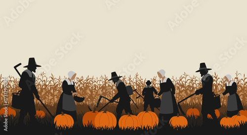 Pilgrims harvest pumpkins in a cornfield