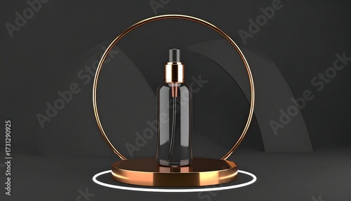 Dark bottle with gold accents on a podium