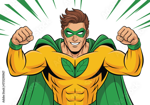 Eco superhero cartoon illustration with green mask and cape, muscular man posing strong, environmental hero character promoting nature protection, renewable energy, eco-friendly lifestyle