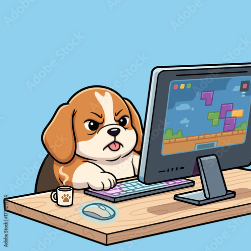 Dog playing video game on computer with serious expression at desk  