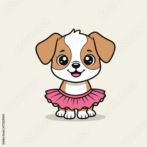 Cute dog wearing a pink tutu and smiling with a playful expression  