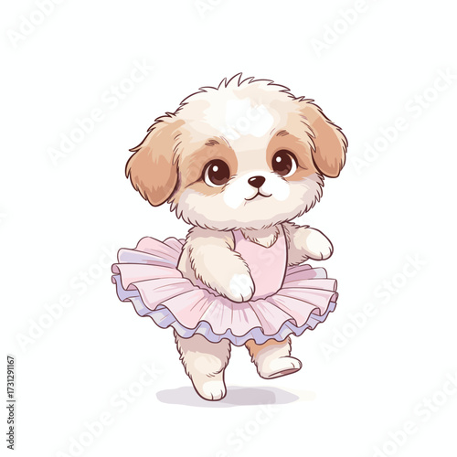 Cute puppy dancing in a pink tutu skirt on white background  