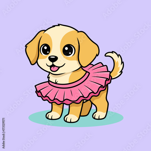 Cute puppy wearing a pink ruffled dress on a pastel background  
