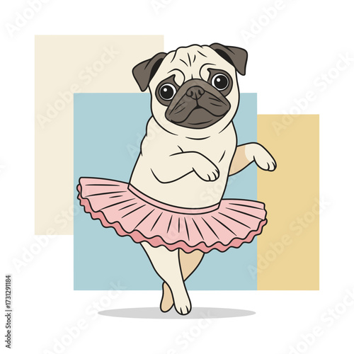 Cute pug dog dancing in a pink tutu on a colorful background  