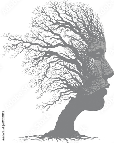 Detailed tree silhouette forming realistic human face profile, artistic nature concept with intricate branches and roots, surreal double exposure eco-friendly vector illustration