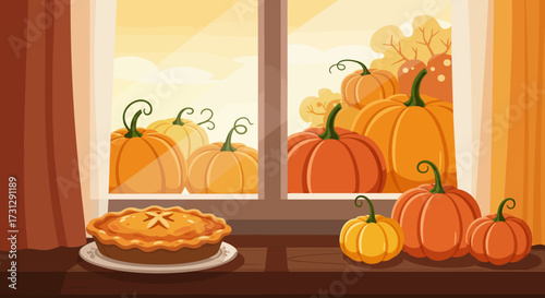 Pumpkins fill a window view with a pie on a sill curtains frame the scene