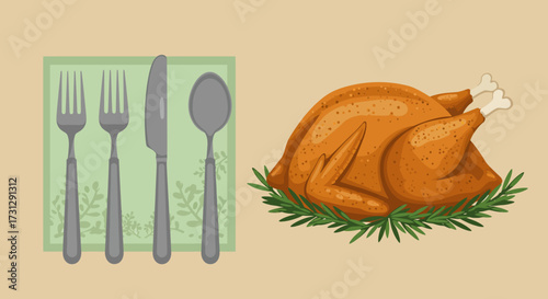 Roasted turkey sits beside silverware forks knife spoon on a napkin on a table