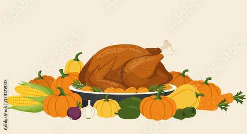 Roasted turkey on platter surrounded by pumpkins corn garlic onion green pepper squash and carrots against tan background