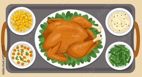 Roasted turkey with sides like corn green beans and mashed potatoes on a tray