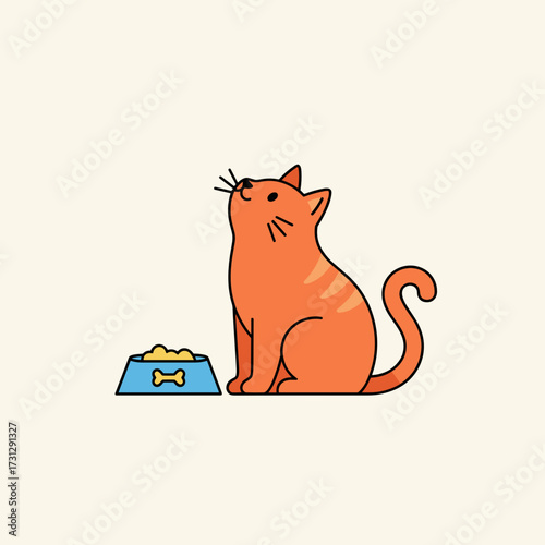 Orange cat looking up beside food bowl with kibble  