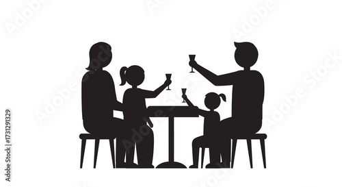 Silhouette of a family of four seated at a table raising glasses in a toast
