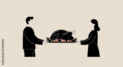 Silhouetted figures carry a platter with a cooked turkey decorated with fruit  leaves