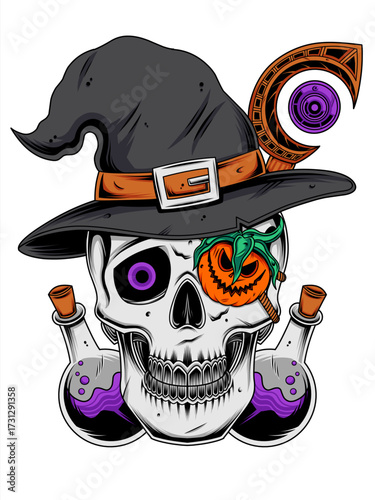 Vector graphic illustration of a witch skull wearing a Halloween pumpkin eye patch and two potion bottles suitable for halloween themed designs