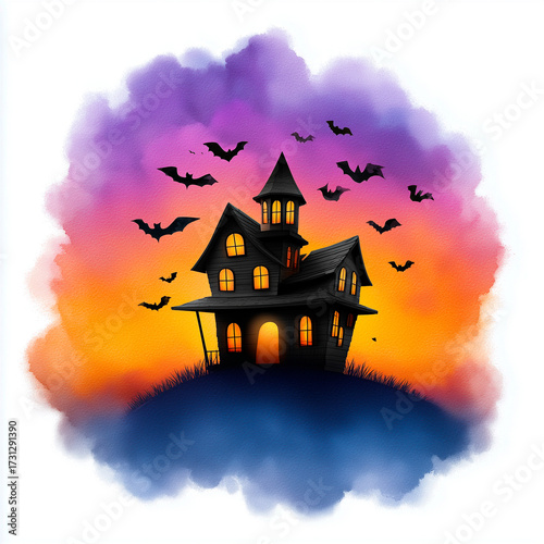 Halloween Watercolor Background with Haunted House