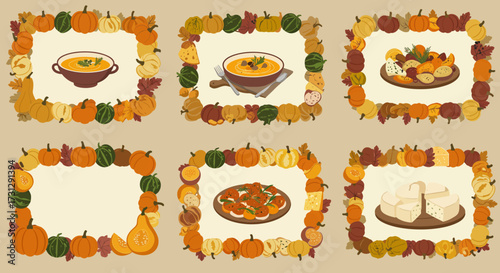 Six fallthemed food illustrations each in a pumpkin  leaf frame