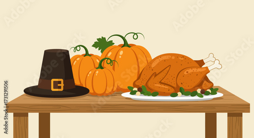 Thanksgiving feast cooked turkey pumpkins pilgrim hat on a wooden table