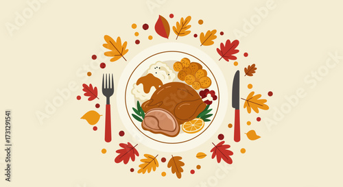 Thanksgiving plate with turkey mashed potatoes stuffing surrounded by leaves and cutlery