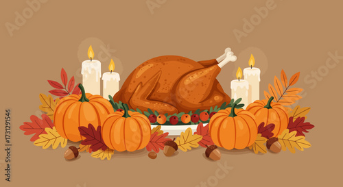 Thanksgiving illustration with turkey pumpkins candles leaves and acorns on a brown background