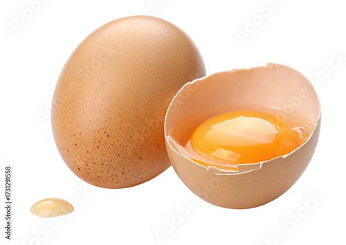 Fresh brown eggs and cracked egg with yolk isolated on white background food ingredient protein