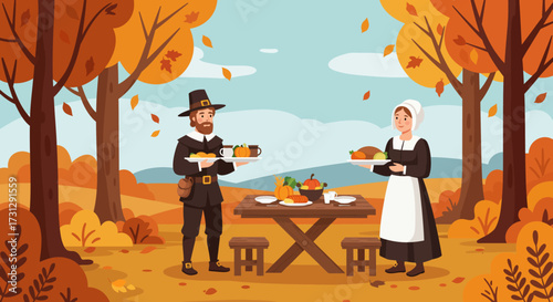 Thanksgiving scene Pilgrims serve food at a table in an autumnal forest setting