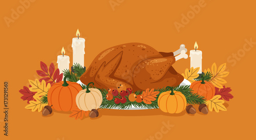 Thanksgiving scene roasted turkey pumpkins candles leaves acorns on an orange background