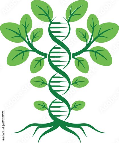 Green DNA tree illustration symbolizing biotechnology, genetic engineering, plant science, molecular biology research, eco innovation, sustainable agriculture, bioengineering concept vector design