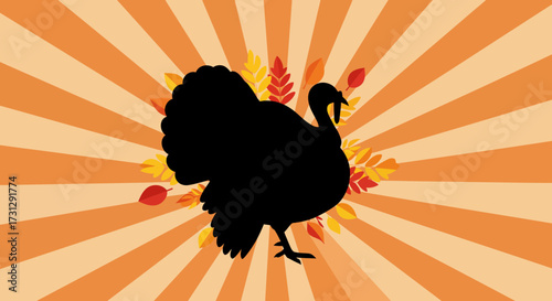 Turkey silhouette surrounded by fall leaves against a radial orange stripe background