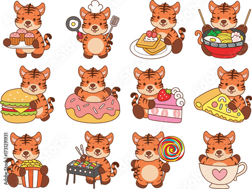 Illustrations of cute tiger character vector clip art for kids.