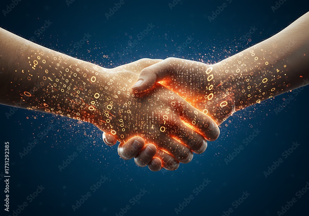 Fototapeta premium Two hands clasped in a handshake, glowing with digital data and light particles against a dark blue background, symbolizing connection and technology.