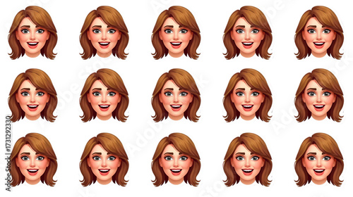 Set of cartoon vector fashion avatars of red-haired women with various hairstyles and facial expressions