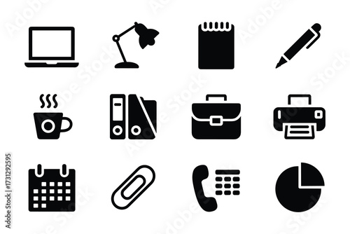 Office Vector Illustration Icons Set Business Workspace Tools Computer Desk Lamp