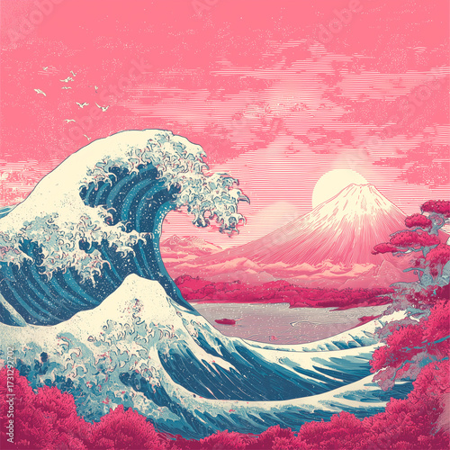 Fantasy Mount Fuji and Ocean Wave Illustration with Sakura Colors